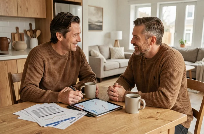 Couple planifiant ensemble leurs finances personnelles avec des documents et une tablette sur une table de cuisine