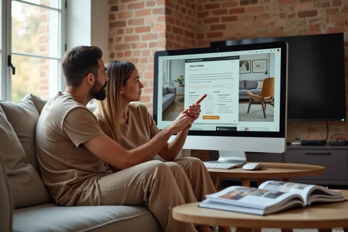 Couple planifiant des travaux en consultant la structure d'un site de guides habitat sur un ordinateur dans un salon