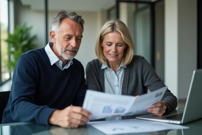 Couple senior en consultation avec un conseiller pour leur retraite complémentaire IRCEM