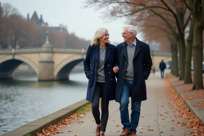 Couple de seniors se promenant main dans la main sur les quais de la Seine à Paris en automne