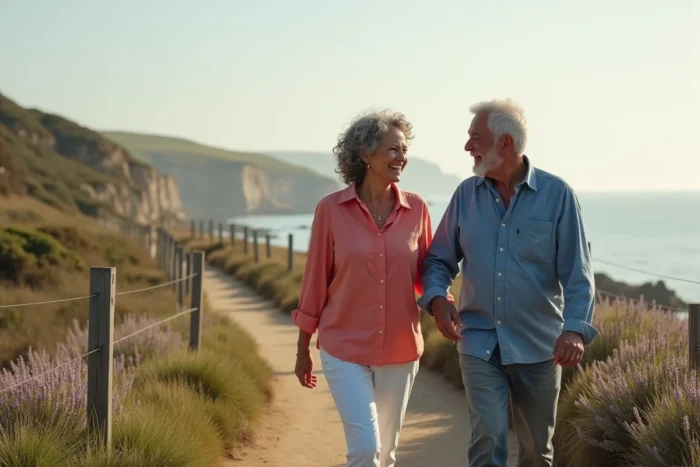 Couple de retraités marchant sur un sentier côtier en bonne santé, illustrant une vie active et épanouie après 60 ans