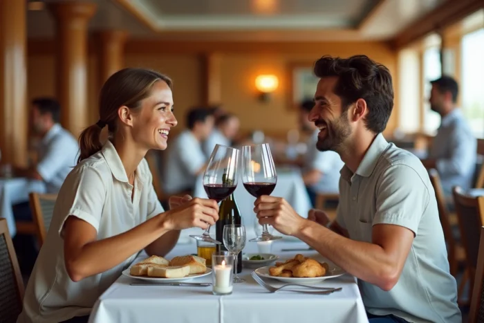 Couple trinquant avec du vin au restaurant d'un navire de croisière Costa pendant le dîner