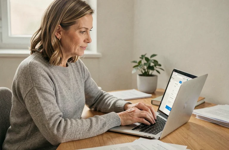 Femme créant un compte MyFoncia sur son ordinateur portable dans un bureau à domicile moderne