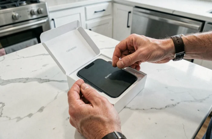 Mains déballant un nouveau smartphone sur un comptoir en marbre blanc dans une cuisine moderne, actualités mobiles 2024