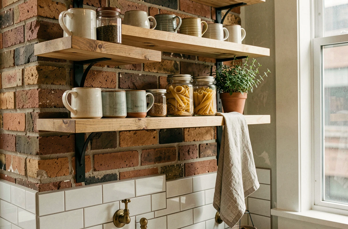 Étagères en bois stylisées avec céramiques artisanales et bocaux dans une cuisine décorée avec goût