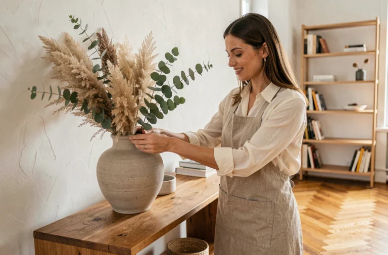 Femme arrangeant des fleurs séchées dans un vase en céramique dans un salon scandinave décoré avec style
