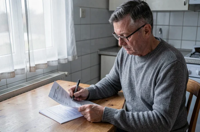Homme remplissant un dossier de demande de logement prioritaire dans son appartement modeste