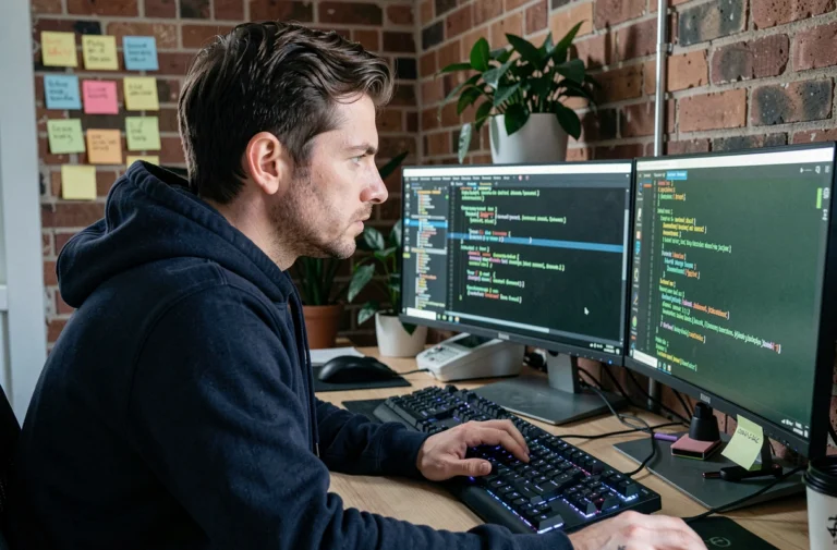 Développeur Linux concentré devant plusieurs écrans affichant des lignes de code en terminal dans un bureau moderne