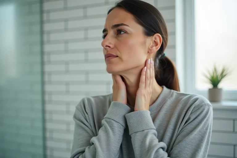 Femme appuyant ses doigts sous la mâchoire ressentant une douleur aux ganglions cervicaux