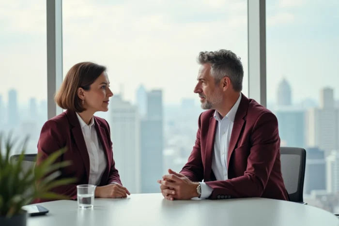 Échange entre une candidate et un recruteur lors d'un entretien sur les attentes liées à une formation