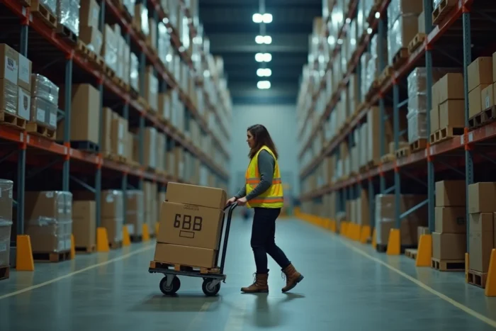 Employée Amazon poussant un chariot de colis dans un grand entrepôt logistique pendant le travail de nuit