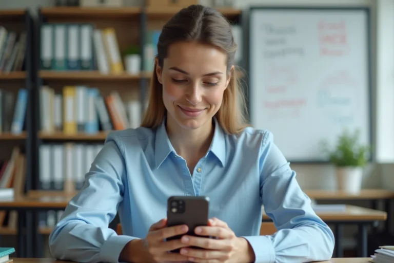 Enseignante accédant à sa messagerie Zimbra de l'académie de Créteil sur smartphone au bureau