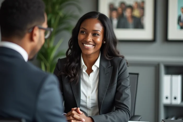 Femme noire confiante lors d'un entretien d'embauche dans une entreprise engagée pour la diversité