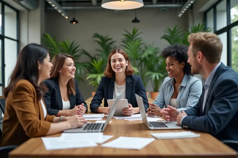 Équipe professionnelle diversifiée collaborant autour d'une table de réunion moderne lors d'un recrutement axé sur l'inclusion
