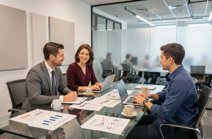 Équipe de professionnels en réunion stratégique autour d'une table en verre dans une salle de conférence moderne