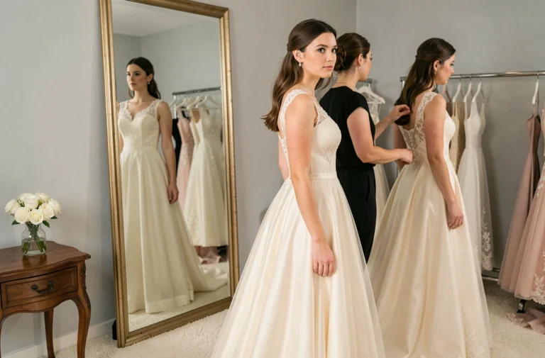 Jeune mariée essayant une robe en dentelle ivoire dans une boutique de robe de mariée à Nantes, assistée d'une conseillère en mariage