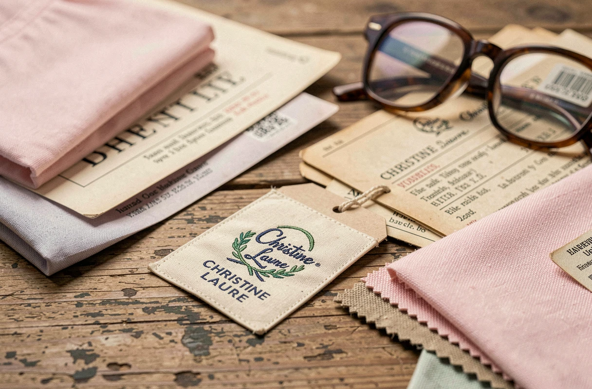 Étiquettes de vêtements et catalogue vintage de la marque Christine Laure évoquant l'héritage et la nostalgie d'une enseigne emblématique