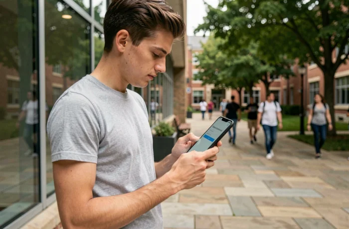 Étudiant consultant le webmail INSA Rouen sur mobile devant un bâtiment du campus
