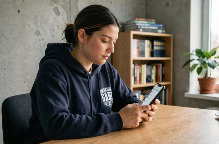 Étudiante accédant au webmail INSA Rouen sur son smartphone dans une chambre universitaire
