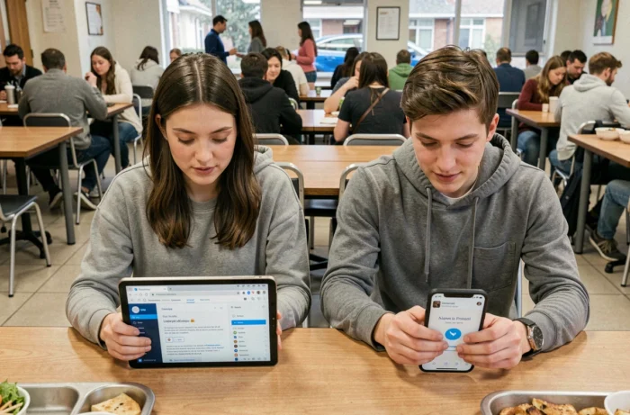 Deux étudiants consultant leurs emails INSA Rouen sur tablette et smartphone à la cafétéria