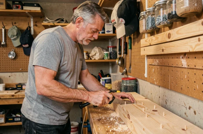 Homme fabriquant un support à casquettes en bois dans son atelier de bricolage fait maison