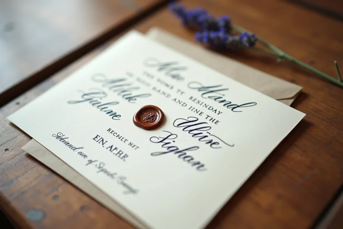 Faire-part de mariage manuscrit avec cachet de cire et lavande séchée sur bois ancien, symbolisant la discrétion