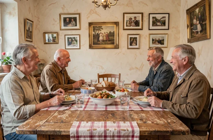 Repas de famille dans une maison provinciale française évoquant les origines familiales de Matthis Abline