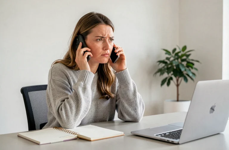 Femme au téléphone cherchant à contacter un conseiller Sosh depuis son bureau à domicile