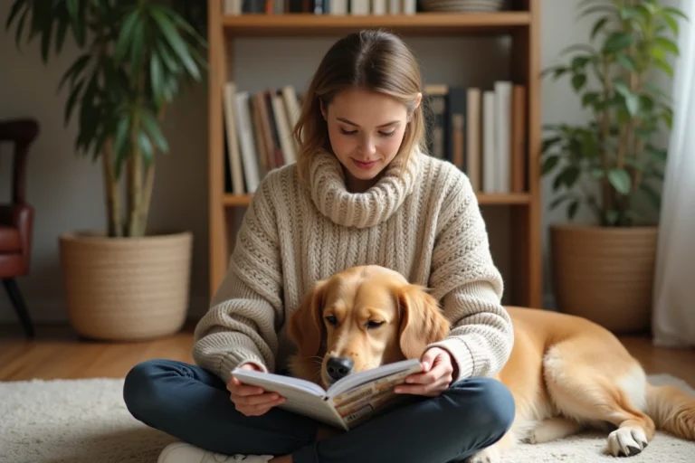 Femme lisant un magazine sur un animal de compagnie avec son golden retriever posé sur ses genoux dans un salon chaleureux