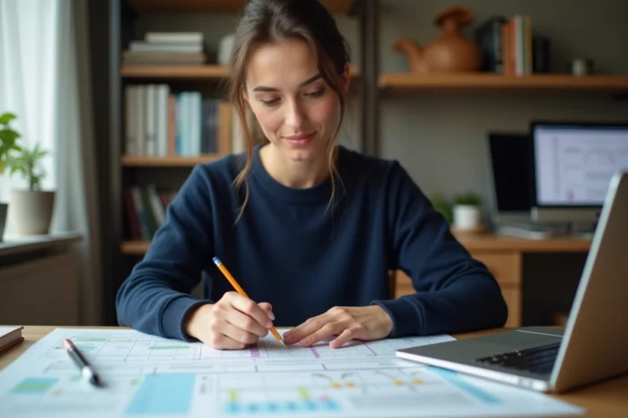 Femme consultant un plan de site imprimé sur un bureau en bois dans un bureau moderne