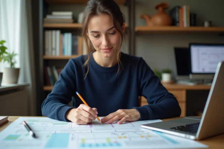 Femme consultant un plan de site imprimé sur un bureau en bois dans un bureau moderne