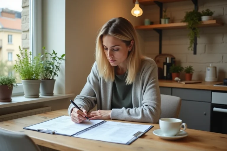 Femme consultant son contrat d'assurance habitation Foncia à la table de sa cuisine dans un appartement moderne