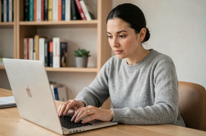 Femme concentrée devant un ordinateur portable copiant un caractère espace vide dans un texte