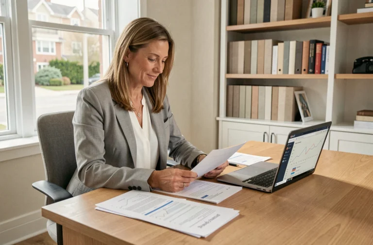 Femme consultant des documents de crédit dans un bureau à domicile moderne