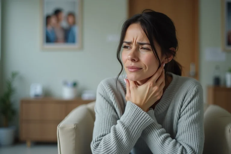 Femme adulte tenant sa gorge douloureuse dans une salle d'attente médicale, illustrant les symptômes d'une angine