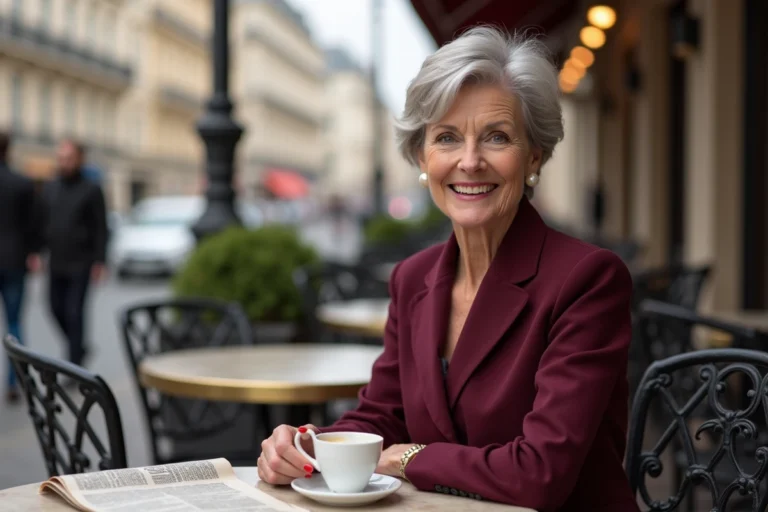 Femme élégante aux cheveux argentés savourant un café en terrasse parisienne dans un cadre classique