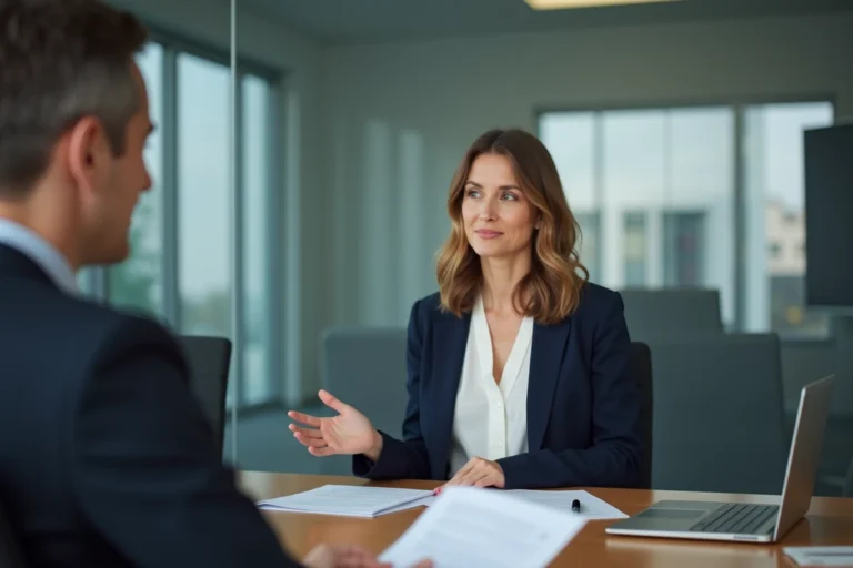 Femme en entretien d'embauche exprimant ses attentes par rapport à une formation professionnelle face à un recruteur