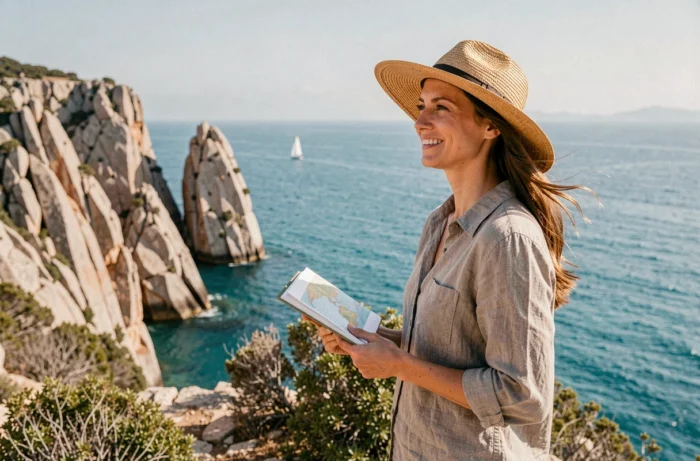 Femme explorant une falaise côtière méditerranéenne avec un journal de voyage, idées de voyages inoubliables