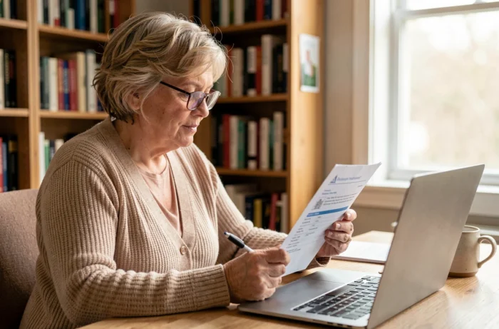 Femme à domicile consultant un formulaire de contact du département santé Pacifica pour envoyer ses documents