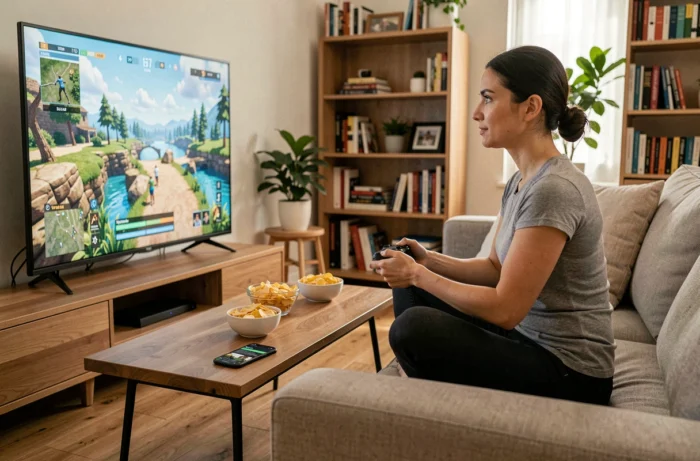 Femme jouant à un jeu vidéo en ligne sur grand écran dans un salon moderne et décontracté