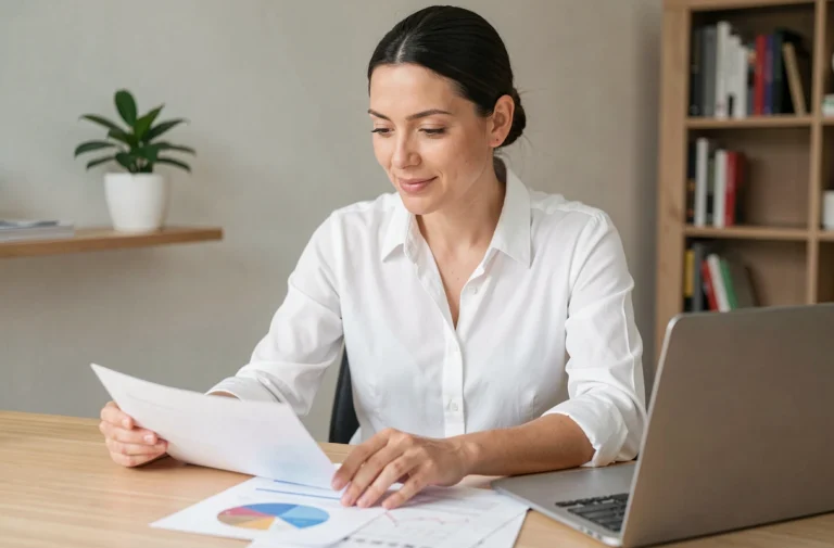 Femme consultant ses finances personnelles sur un ordinateur portable dans un bureau à domicile moderne