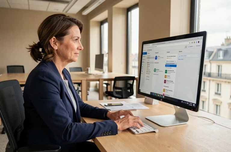 Femme utilisant l'interface webmail Convergence Bordeaux sur un ordinateur de bureau dans un bureau moderne