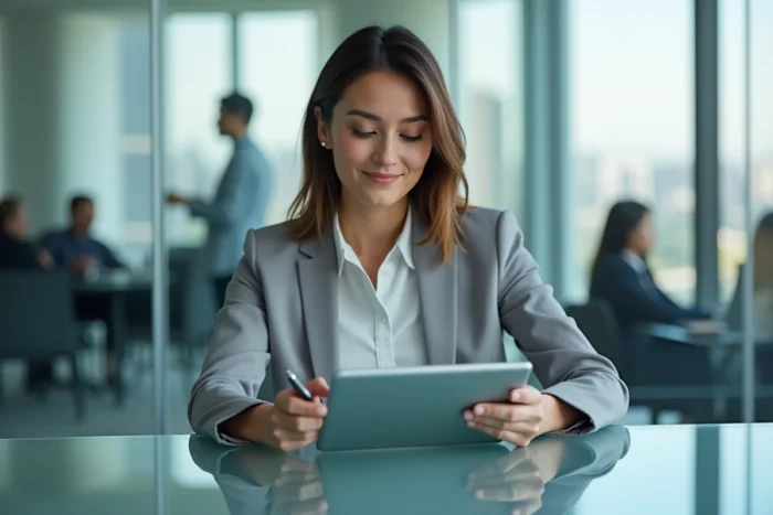 Femme investisseuse consultant un tableau de bord de portefeuille boursier sur tablette dans un bureau moderne
