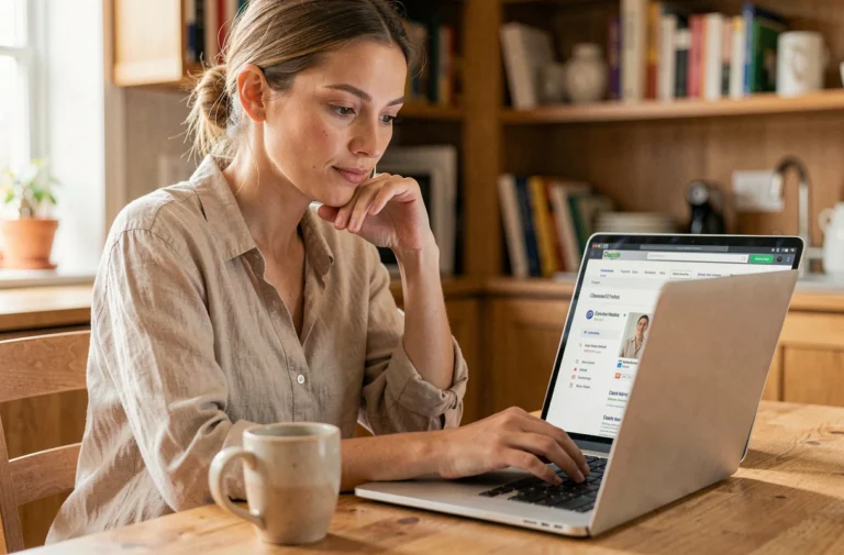 Femme consultant des petites annonces en ligne sur un ordinateur portable dans une cuisine moderne et chaleureuse