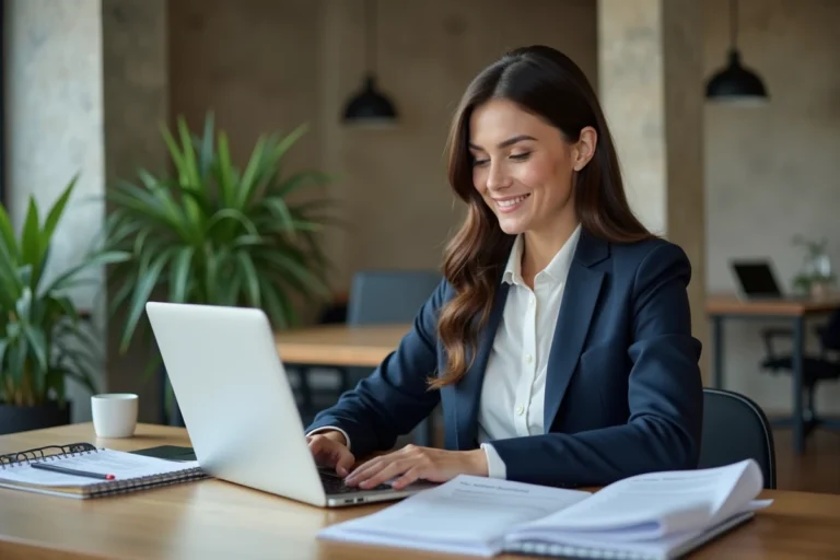 Femme professionnelle consultant des offres d'emploi sur un ordinateur portable dans un bureau moderne