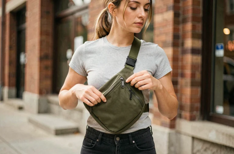 Femme ajustant la longueur de sangle de son sac banane vert olive en milieu urbain