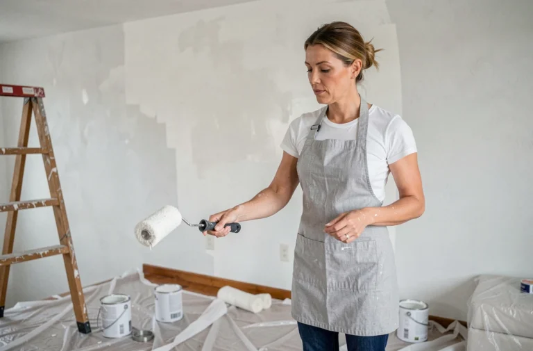 Femme appliquant de la peinture blanche sur un mur lors de travaux de rénovation dans un salon