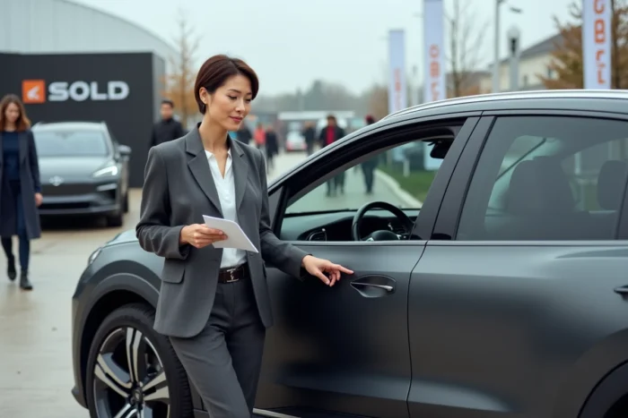 Femme passionnée découvrant un SUV électrique haut de gamme lors d'un salon automobile en plein air 2024