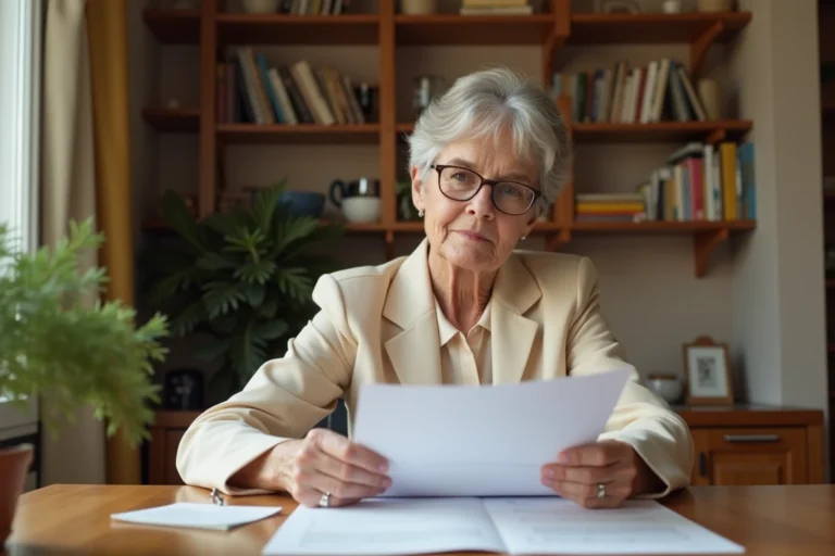 Femme senior examinant ses documents de retraite complémentaire IRCEM à domicile