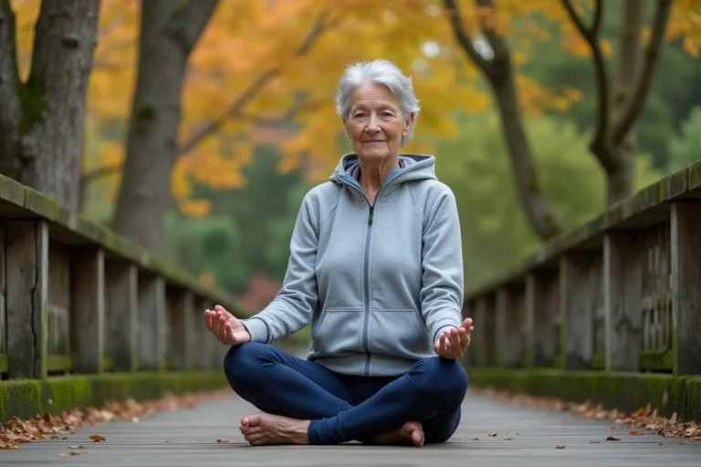 Femme de 65 ans pratiquant le yoga en plein air dans un jardin automnal pour prendre soin de sa santé après 60 ans